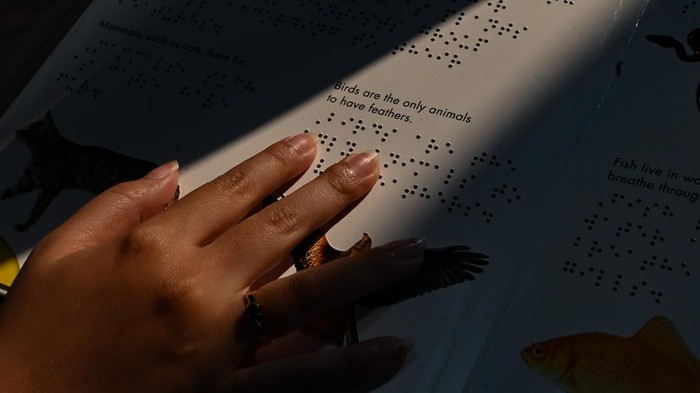 Aparatur Sipil Negara (ASN) Dispusip (kanan) mengamati seorang warga yang belajar menulis huruf braille di Perpustakaan Jakarta, Taman Ismail Marzuki, Jakarta, Selasa (4/8/2026). Dispusip DKI Jakarta menggelar pelatihan membaca dan menulis braille secara gratis setiap tanggal 4 setiap bulan untuk memperluas akses literasi bagi masyarakat. ANTARA FOTO/Fakhri Hermansyah