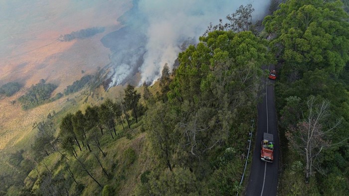 Foto udara sejumlah petugas berupaya memadamkan kebakaran hutan di Blok Bantengan, kawasan Taman Nasional Bromo Tengger Semeru (TNBTS), Kabupaten Probolinggo, Jawa Timur, Selasa (4/8/2026). Balai Besar TNBTS menutup sementara akses wisata melalui pintu masuk Jemplang, Coban Trisula, dan Senduro untuk mendukung penanganan kebakaran hutan serta menjamin keselamatan pengunjung, sementara akses melalui pintu masuk Cemoro Lawang dan Wonokitri tetap dibuka hingga kawasan Lautan Pasir. ANTARA FOTO/Irfan Sumanjaya