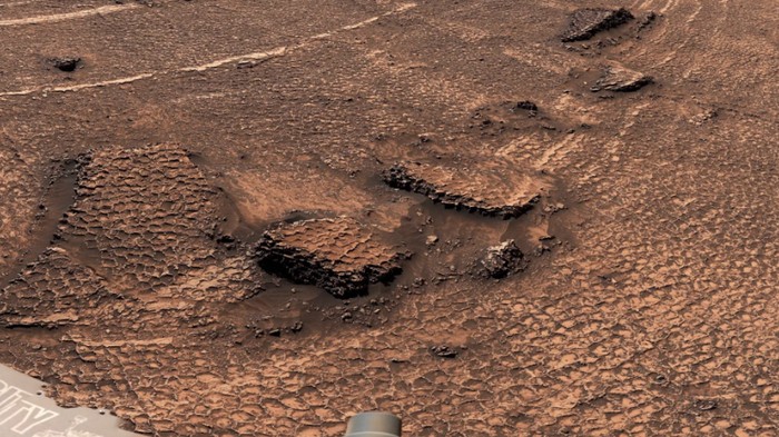 Gambar close-up dari retakan poligon yang ditemukan oleh rover Curiosity milik NASA di Mars menyoroti teksturnya yang mirip sarang lebah