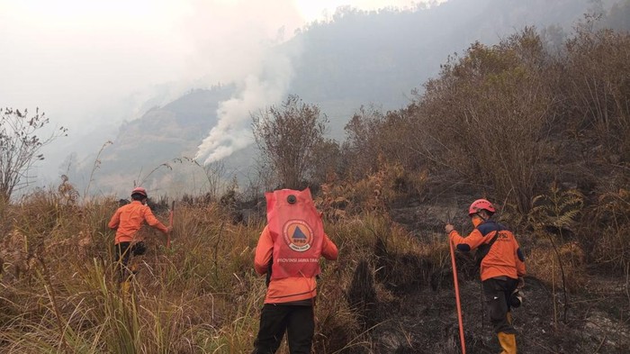 Upaya petugas melakukan pemadaman Kebakaran Bromo.