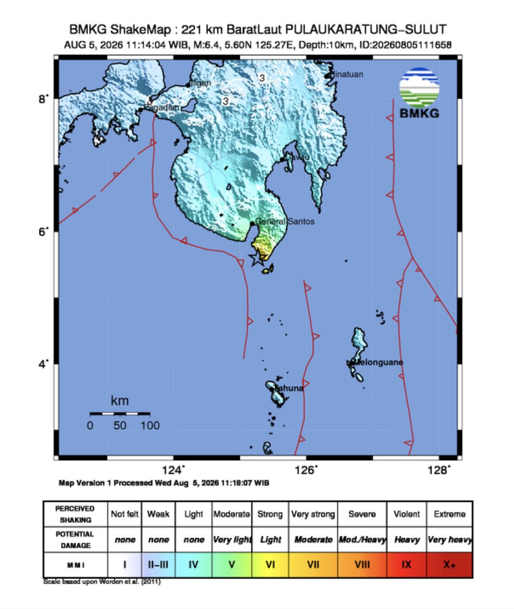 Gempa bumi mengguncang Pulau Karatung, Sulawesi Utara dengan kekuatan 6,4 Magnitudo. Gempa bumi mengguncang Pulau Karatung, Sulawesi Utara dengan kekuatan 6,4 Magnitudo. (Dok. BMKG)