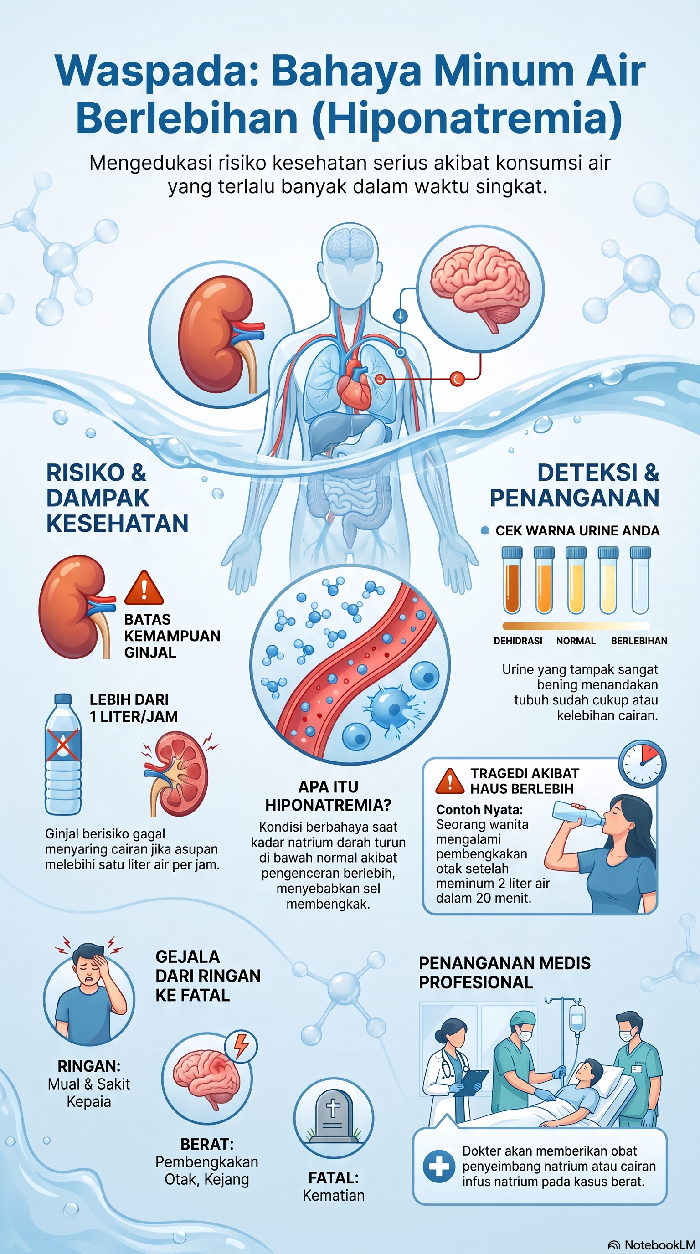 Infografis bahaya minum air putih terlalu banyak.