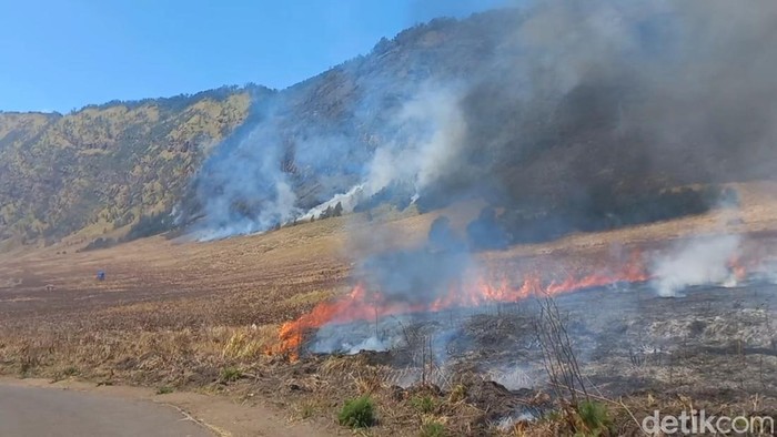 Kebakaran di Bromo sulit dipadamkan.