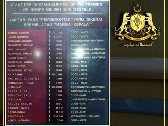 Arsip daftar harga kepala tokoh Perang Banjar. (dok Instagram @kesultananbanjar_official)