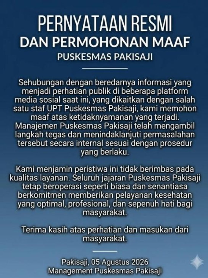 Pernyataa resmi Puskesmas Pakisaji, Kabupaten Malang, Jawa Timur buntut salah satu dokternya ikut komentar menghina pasien BPJS Yurizal Tri Chaerawan