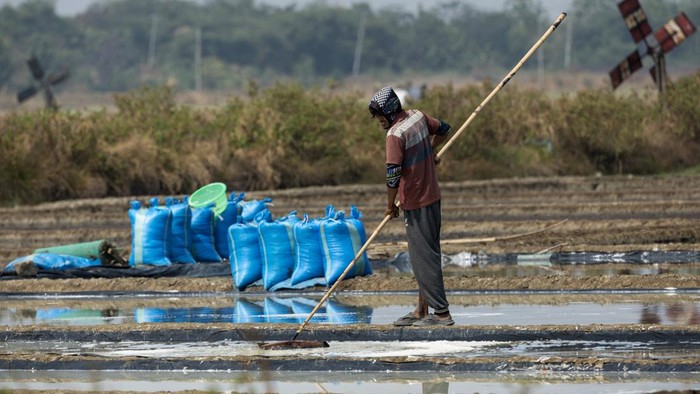 Workers prepare salt at a warehouse in Pengarengan village, Cirebon, West Java province, Indonesia, July 31, 2026. REUTERS/Willy Kurniawan