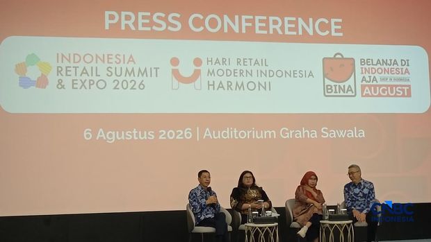 Konferensi pers Belanja di Indonesia Aja (BINA) di Auditorium Kementerian Koordinator bidang Perekonomian, Jakarta, Kamis (6/8/2026). (CNBC Indonesia/Martyasari Rizky)