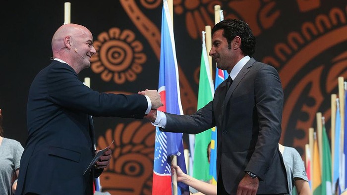 MEXICO CITY, MEXICO - MAY 12:  FIFA President Gianni Infantino welcomes Luis Figo of the FIFA Legens at the Opening Ceremony for the 66th FIFA Congress at National Auditorium Mexico on May 12, 2016 in Mexico City.  (Photo by Alexander Hassenstein - FIFA/FIFA via Getty Images)