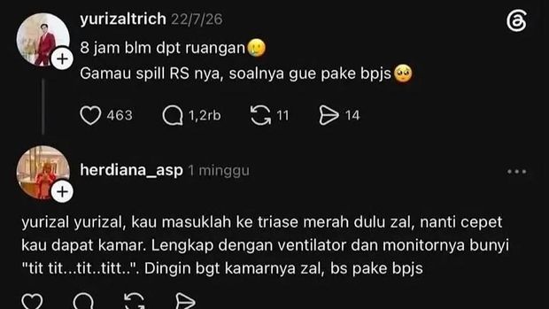 Komentar sinis akun dr Herdiana di kiriman pasien BPJS yang mengeluhkan 8 jam tak dapat kamar.