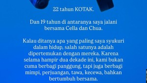 Tantri sebagai vokalis menjadi bagian dari KOTAK dalam 19 tahun belakangan. Kalau ditanya apa yang paling saya syukuri dalam hidup, salah satunya adalah dipertemukan dengan mereka, tulis Tantri dalam unggahan pribadinya dilihat pada Jumat (7/8/2026). Foto: Instagram @tantrisyalindri