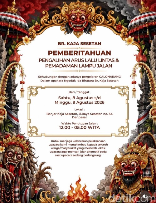 Pengumuman penutupan jalan di Sesetan, Denpasar, Bali.