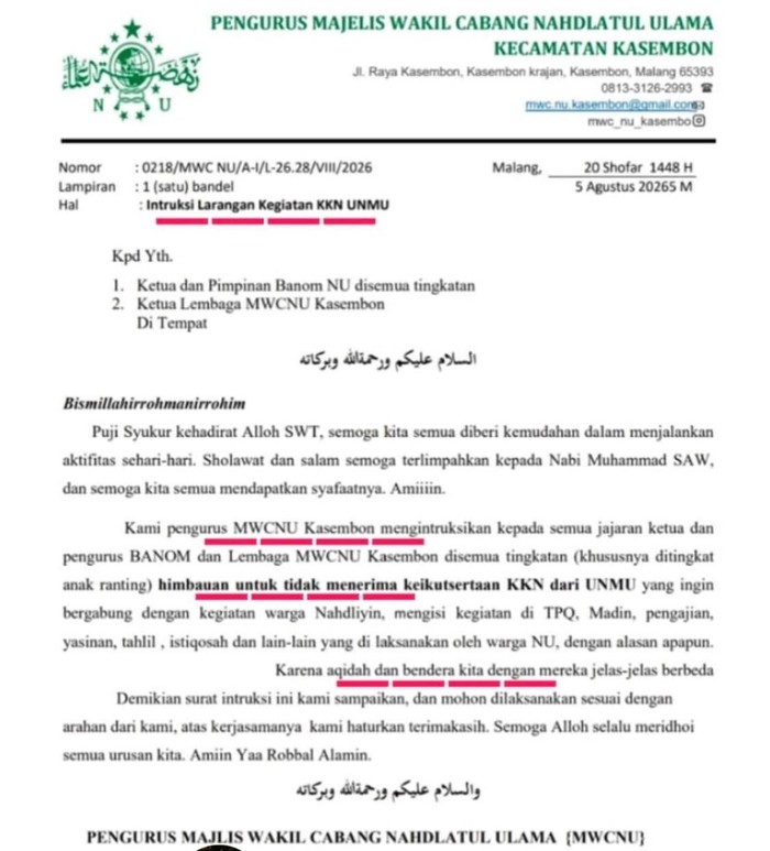 Surat penolakan KKN mahasiswa UMM di Kasembon Malang.
