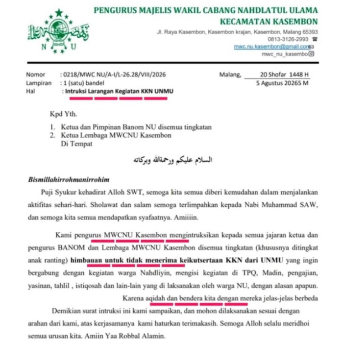 Surat penolakan KKN mahasiswa UMM di Kasembon Malang.