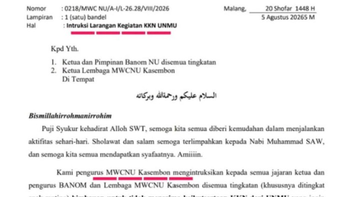 Surat penolakan KKN mahasiswa UMM di Kasembon Malang.