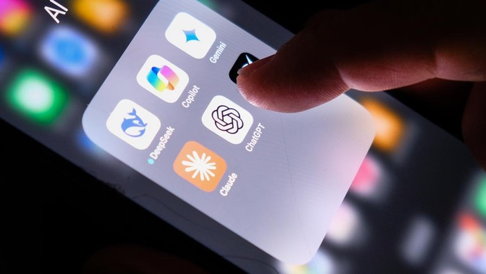 London, UK - 05 03 2025: Apple iPhone screen with Artificial Intelligence icons internet AI app application ChatGPT, DeepSeek, Gemini, Copilot, Grok, Claude, etc.