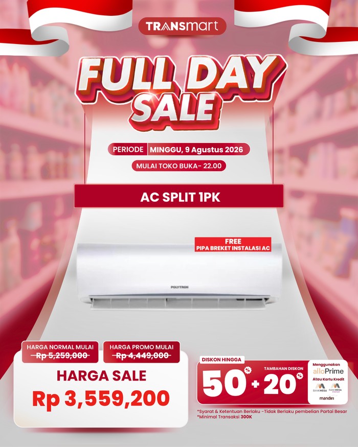 Beli AC Split 1PK di Transmart Full Day Sale Dapat Diskon Hingga Rp 1,7 Juta!