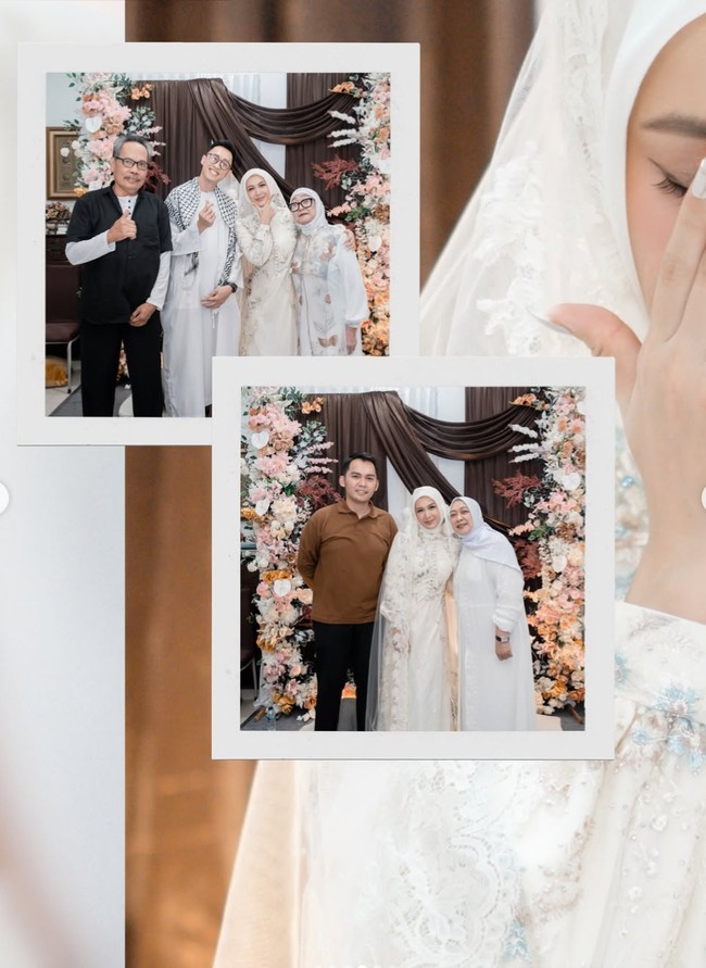 Dea memakai hijab putih yang dibentuk rapi menutupi kepala dan leher. Warna putihnya dibuat senada dengan gamis sehingga menciptakan tampilan yang clean. Hijab tersebut juga dilengkapi dengan kain veil transparan yang menjuntai sangat panjang dari bagian kepala hingga hampir menyentuh lantai. Foto: Instagram/@deaaannisa