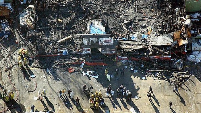 WEST WARWICK, RI - FEBRUARY 21: Station nightclub fire scene, viewed from above. The one-story building burned to the ground in about three minutes. The fire was started by pyrotechnics going off on the stage while the band Great White performed. Vie