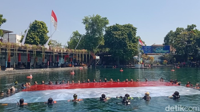 Bendera ukuran jumbo dibentangkan di tengah Umbul Ponggok, Klaten, Minggu (9/8/2026).