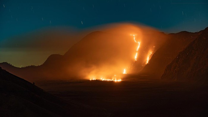 Asap dan kobaran api terlihat di kawasan Taman Nasional Bromo Tengger Semeru (TNBTS), Kabupaten Probolinggo, Jawa Timur, Minggu (9/8/2026) dini hari. Kebakaran hutan dan lahan tersebut meluas hingga diperkirakan mencapai 176 hektare akibat hembusan angin dan masih menyisakan sejumlah titik api, sementara petugas terus melakukan penanganan untuk mencegah api meluas ke kawasan lainnya. ANTARA FOTO/Irfan Sumanjaya/tom.