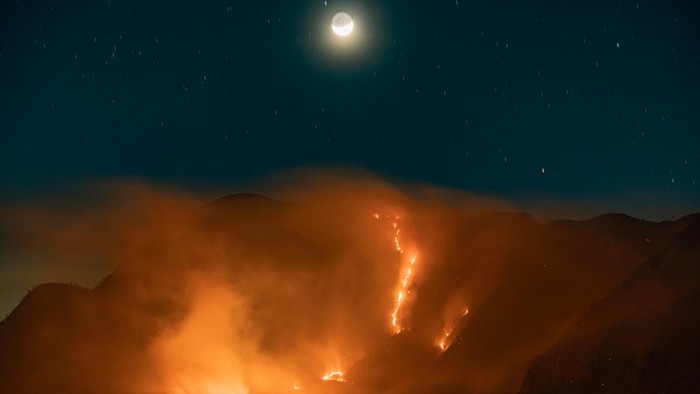 Asap dan kobaran api terlihat di kawasan Taman Nasional Bromo Tengger Semeru (TNBTS), Kabupaten Probolinggo, Jawa Timur, Minggu (9/8/2026) dini hari. Kebakaran hutan dan lahan tersebut meluas hingga diperkirakan mencapai 176 hektare akibat hembusan a