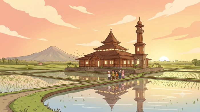 Ilustrasi masjid di tengah sawah