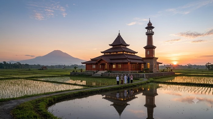 Ilustrasi masjid di tengah sawah
