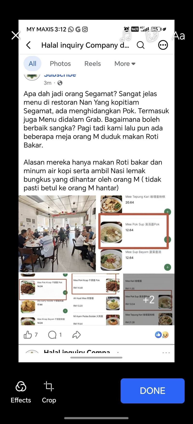 Menu mee pok di sebuah kopitiam dituding terbuat dari daging babi.
