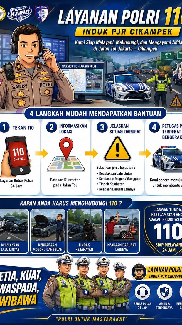Layanan 110 Polri kini terintegrasi di sepanjang Ruas Tol Jakarta-Cikampek, Senin (10/8/2026).