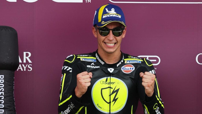 MotoGP - British Grand Prix - Silverstone Circuit, Silverstone, Britain - August 9, 2026 SuperFile Trackhouse MotoGP Teams Raul Fernandez celebrates on the podium after winning the MotoGP race REUTERS/Paul Childs