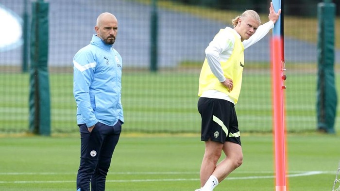 Manchester Citys Erling Haaland (right) and coach Enzo Maresca during a training session at the City Football Academy, Manchester. Picture date: Tuesday June 6, 2023. (Photo by Martin Rickett/PA Images via Getty Images)