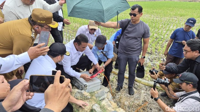 Menteri Pertanian Amran saat melakukan pengecekan sumber air di sawah Kabupaten Gresik