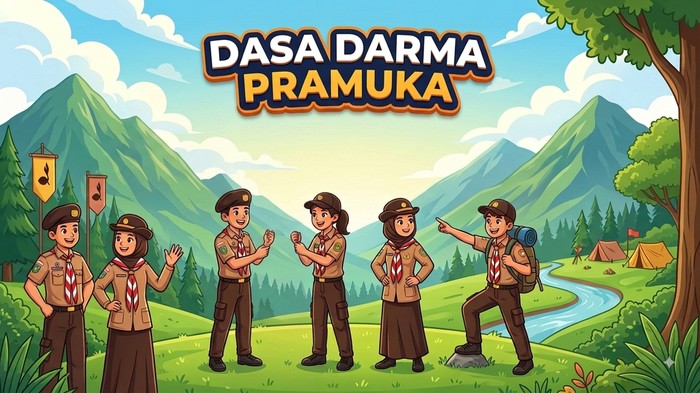 Ilustrasi anggota Pramuka dan Dasa Darma Pramuka.