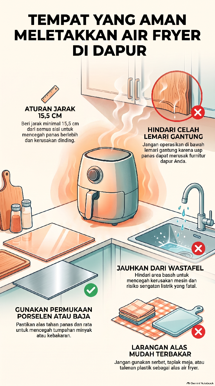 Infografis lokasi yang tepat simpan air fryer di dapur