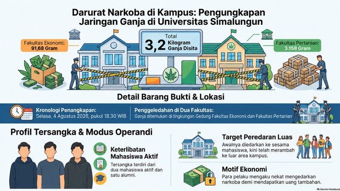 Infografis penggerebekan peredaran ganja di Kampus USI, Sumut. (Notebookml AI)