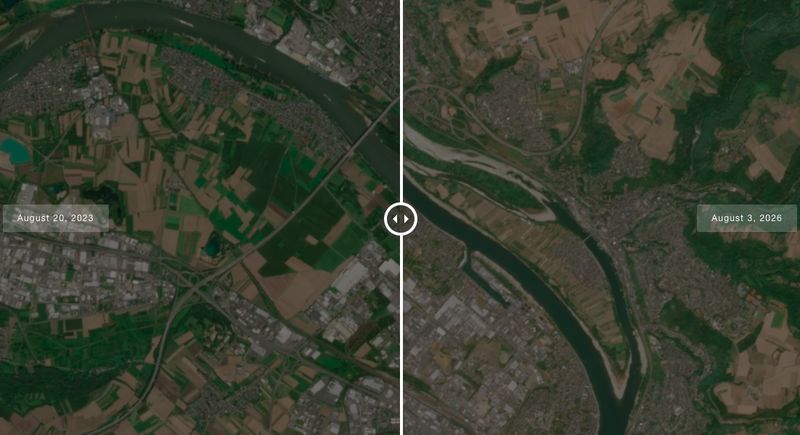 Citra satelit Sungai Danube dan Rhine di Eropa yang mengering akibat kenaikan suhu