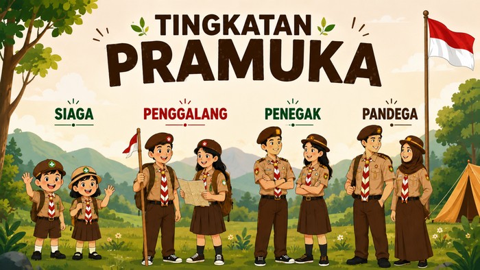 Ilustrasi tingkatan Pramuka dari Siaga hingga Pandega.