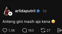 Dalam akun Threads miliknya, Arlida memberikan komentarnya. Anteng gini masih aja kena, tulis Arlida dilihat detikcom, Jumat (14/8/2026). Foto: dok threads Arlida Putri