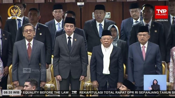 Jusuf Kalla menghadiri Sidang Tahunan MPR dan Sidang Bersama DPR-DPD hari ini. Selain itu, Boediono dan Maruf Amin juga hadir. (Dok tangkapan layar YouTube DPR).