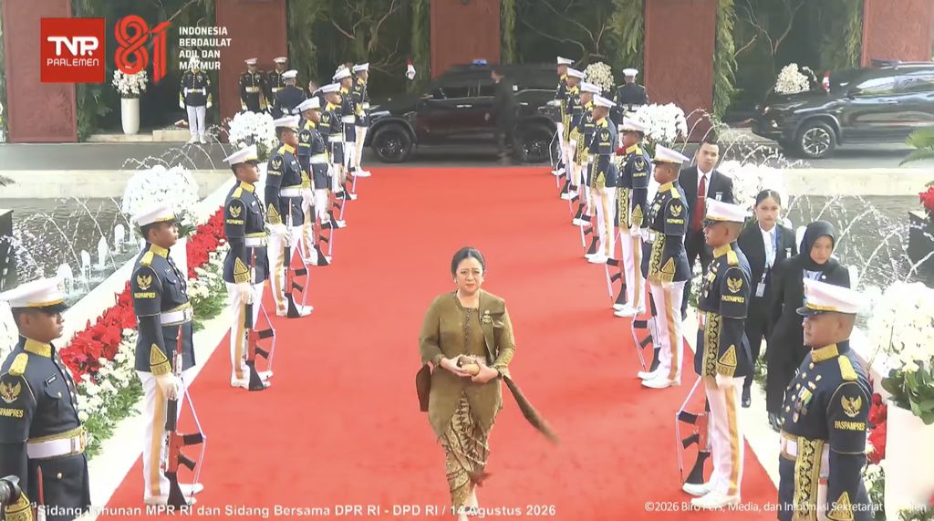 Ketua DPR Puan Maharani tiba di gedung DPR, menghadiri agenda Sidang Tahunan MPR dan Sidang Bersama DPR-DPD 2026. Ketua DPR Puan Maharani tiba di gedung DPR, menghadiri agenda Sidang Tahunan MPR dan Sidang Bersama DPR-DPD 2026. (Tangkapan layar YouTube DPR)
