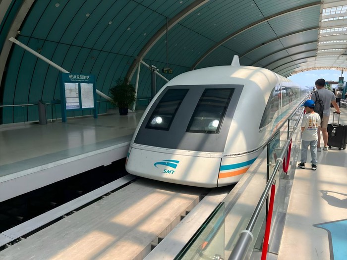 Maglev train in Shanghai, China. This train is the first commercially operated high-speed magnetic levitation line in the world with speed 500 km.h, SHANGHAI - China 9 February 2026