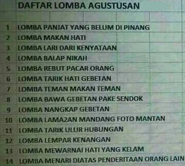 Buat yang lagi nyari ide lomba 17-an, daftar lomba ini bisa dicoba biar antii mainstream. Foto: Instagram/@duhreceh.id