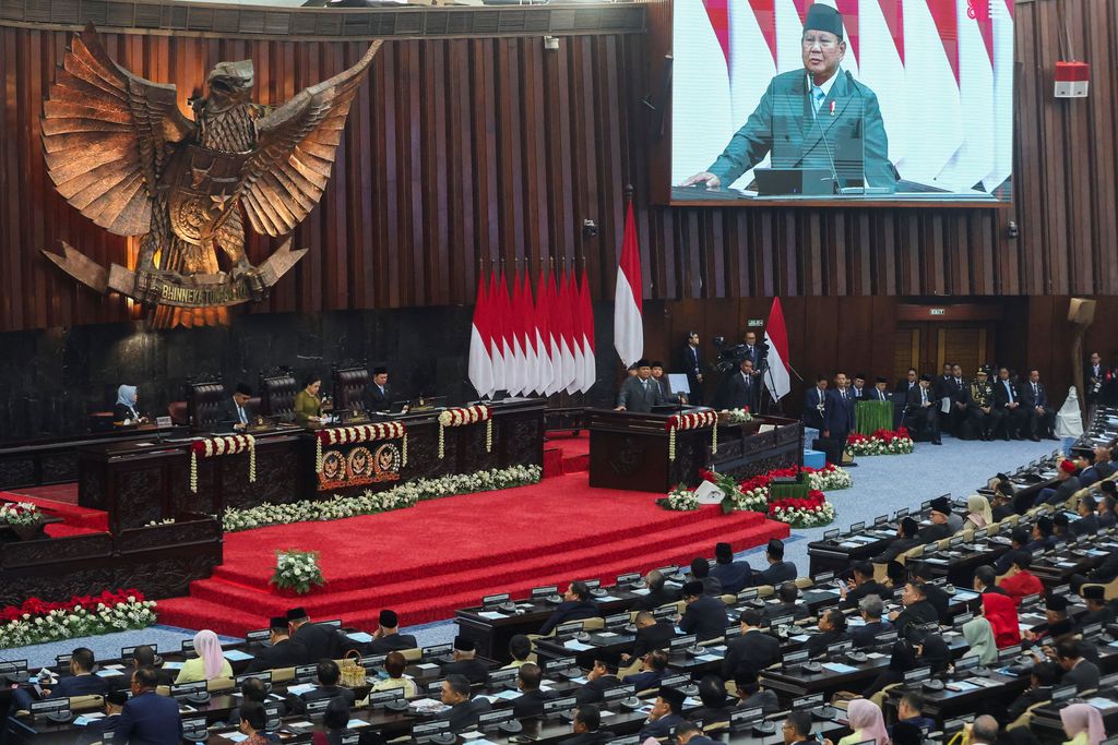 Pidato Presiden Prabowo Subianto saat Sidang Tahunan MPR dan Sidang Bersama DPR dan DPD, Jumat (14/8/2026). Pidato Presiden Prabowo Subianto saat Sidang Tahunan MPR dan Sidang Bersama DPR dan DPD, Jumat (14/8/2026). (REUTERS/Stringer)