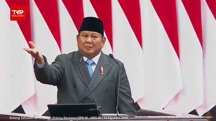 Presiden Prabowo Subianto dalam pidato kenegaraan di Sidang Tahunan MPR dan Sidang Bersama DPR-DPD 2026 di kompleks parlemen, Senayan. (YouTube Setpres)