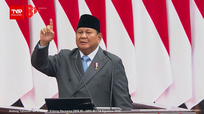 Presiden Prabowo Subianto dalam pidato kenegaraan di Sidang Tahunan MPR dan Sidang Bersama DPR-DPD 2026 di kompleks parlemen, Senayan. (YouTube Setpres)