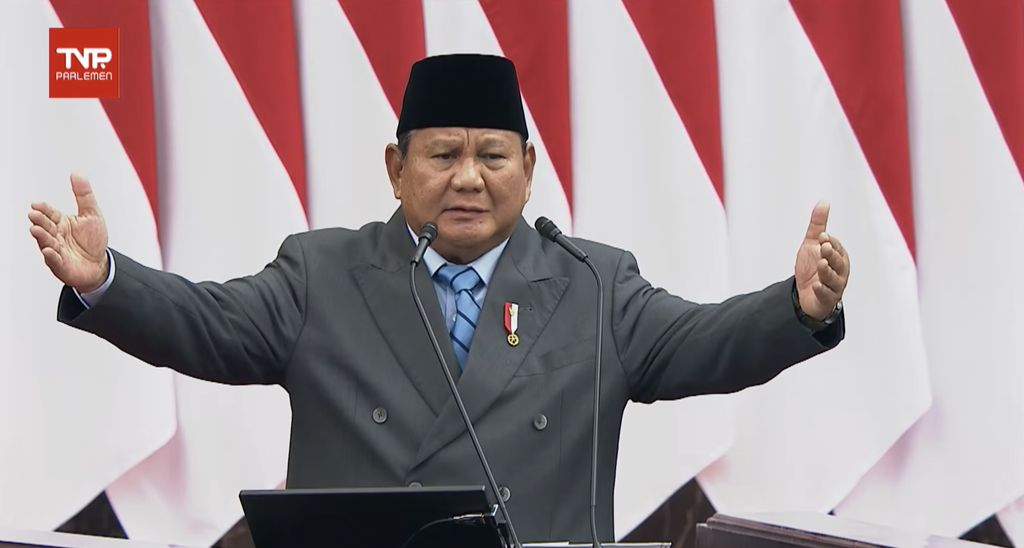 residen Prabowo Subianto saat menyampaikan pidato dalam rangka penyampaiaan RUU APBN 2027 dan Nota Keuangan, di Gedung Nusantara, Kompleks Parlemen Senayan, Jakarta Pusat, Jumat (14/8/2026). (YouTube/Sekretariat Presiden)