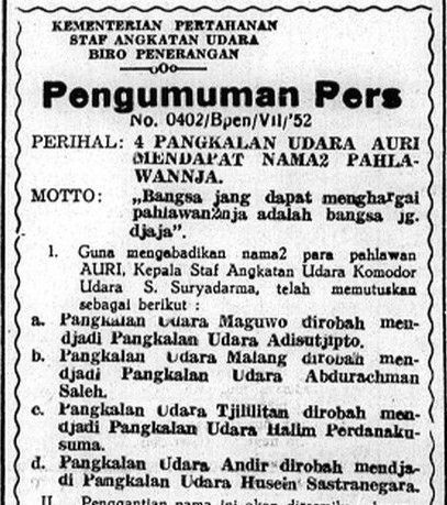 Lapangan Terbang Andir berganti nama menjadi Husein Sastranegara.