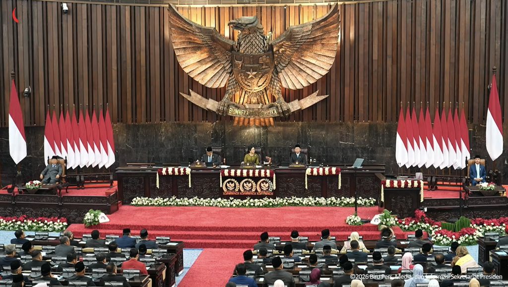Sidang Tahunan MPR dan Sidang Bersama DPR dan DPD dalam Rangka HUT ke-81 RI di Gedung Nusantara, Kompleks Parlemen Senayan, Jakarta Pusat, Jumat (14/8/2026). Sidang Tahunan MPR dan Sidang Bersama DPR dan DPD dalam Rangka HUT ke-81 RI di Gedung Nusantara, Kompleks Parlemen Senayan, Jakarta Pusat, Jumat (14/8/2026). (Tangkapan layar youtube Setpres RI)