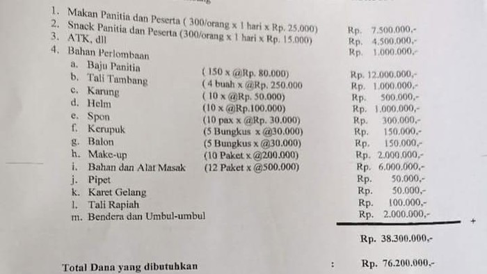 Viral proposal HUT RI di Kecamatan Ilir Timur (IT) I Palembang Rp 76 juta