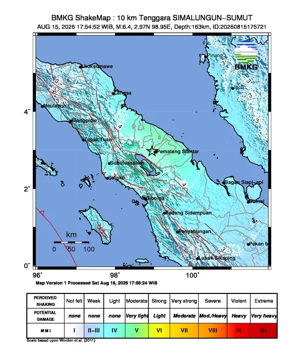 Gempa bumi mengguncang Pematang Siantar, Sumatra Utara dengan kekuatan 6,4 Magnitudo dengan kedalaman 163 km pada Sabtu (15/8/2026). Gempa bumi mengguncang Pematang Siantar, Sumatra Utara dengan kekuatan 6,4 Magnitudo dengan kedalaman 163 km pada Sabtu (15/8/2026). (Dok. BMKG)
